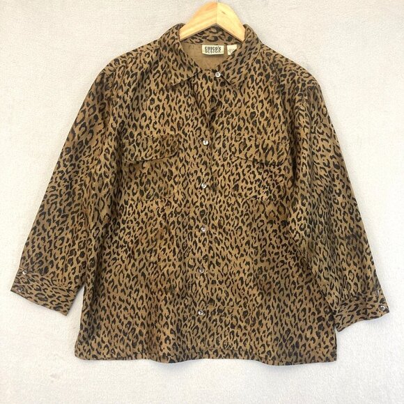 Vintage Chico's Design 100% Silk Cheetah Blouse Size 2 (Large) Button Up Top - Picture 1 of 9